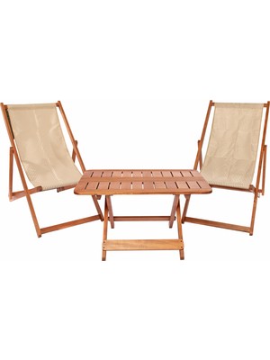 Modermo Kumaş Şezlong 2 Adet + Ahşap Katlanır Orta Sehpa