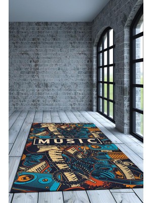Homshtag Müzik Tutkum Art Müzik Halısı Rock Müzik Halısı Elektro Gitar Figürlü Renkli Modern Halı