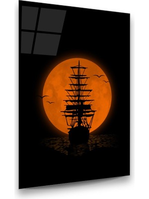 Glass Art Kırmızı Ay ve Gemi Dikey Cam Tablo