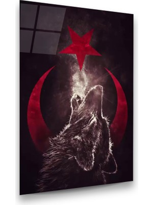 Glass Art Kurt ve Türk Bayrağı Dikey Cam Tablo