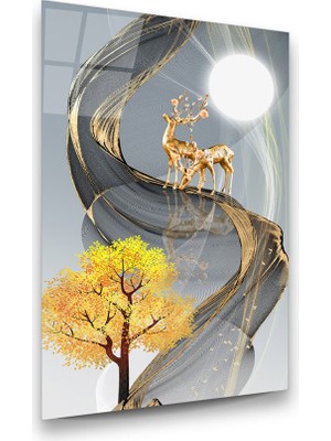 Glass Art Altın Geyikler Dikey Cam Tablo