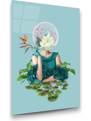 Glass Art Kadın ve Çiçek Manipülasyon Dikey Cam Tablo
