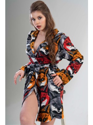 Kadın Kısa Polar Desenli Gri Sabahlık 201039-0281