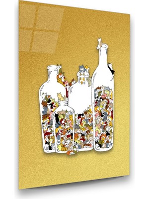 Glass Art Şişeler ve Içerisinde Ki Kediler Dikey Cam Tablo