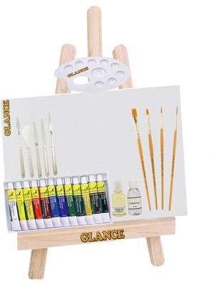 Glance Ahşap Masaüstü Şövale Seti – 25x38 Tuval, 12x12 ml Yağlı Boya, Palet, Fırça, Spatül ve Tam Resim Aksesuarları