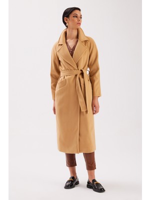 Sateen Uzun Kaşe Kaban - Camel