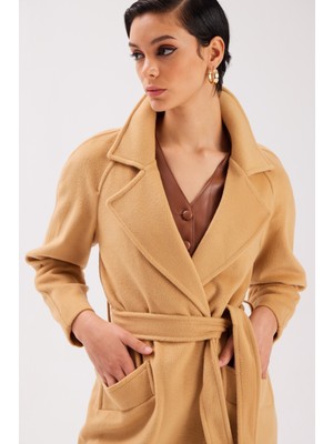 Sateen Uzun Kaşe Kaban - Camel