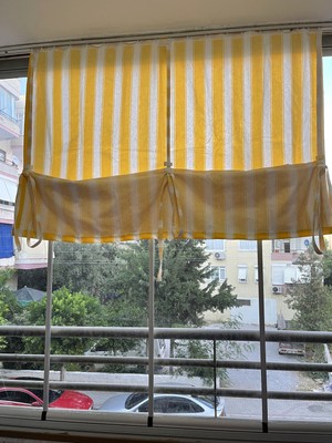 Aşiyan 
iple Çekişli Yüksekliği Ayarlanabilir Çizgili Balkon Perdesi Kalın Kumaş