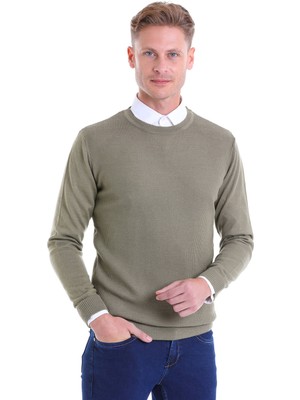 Hatemoğlu Yeşil Regular Fit Çizgili Yün Bisiklet Yaka Triko Kazak