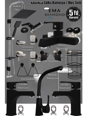 Tesitay Irmak Lavabo Banyo Mutfak Bataryası ve Robot Duş Siyah Banyo Seti Armatür Musluk Batarya Duş Alpha