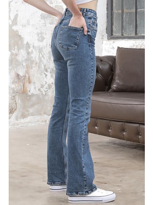 Its Basic Kadın Tint Kot Rengi Flare Kalıp Ispanyol Paça Yüksek Bel Jean