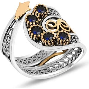 Söğütlü Silver Gümüş Safir Taşlı  Telkari Işlemeli Ayarlamalı Yüzük