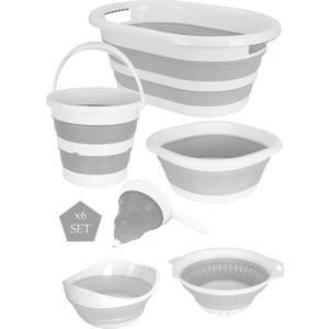 6'lı Mega Katlanır Set Akordiyon Çamaşır Sepeti Su Kovası Badya Huni Süzgeç