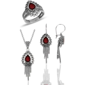 Söğütlü Silver Gümüş Kök Yakut Taşlı, Püsküllü, Oksitli Telkari Üçlü Set