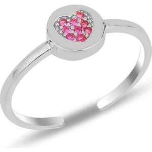 Söğütlü Silver Gümüş Fuşya Taşlı Kalp Modeli Ayarlamalı Yüzük