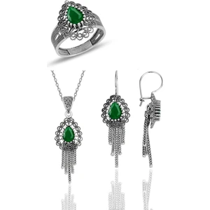 Söğütlü Silver Gümüş Kök Zümrüt Taşlı, Püsküllü, Oksitli Telkari Üçlü Set