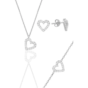 Söğütlü Silver Gümüş Rodyumlu Zirkon Taşlı Kalp Kolye,bileklik ve Küpe Üçlü Set