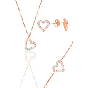 Söğütlü Silver Gümüş Rose Zirkon Taşlı Kalp Kolye,bileklik ve Küpe Üçlü Set