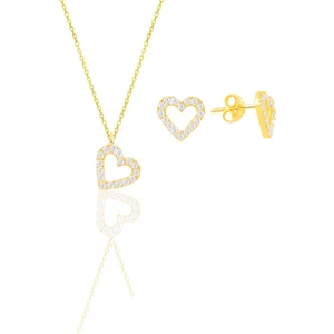 Söğütlü Silver Gümüş Altın Yaldızlı Zirkon Taşlı Kalp Kolye ve Küpe Ikili Set