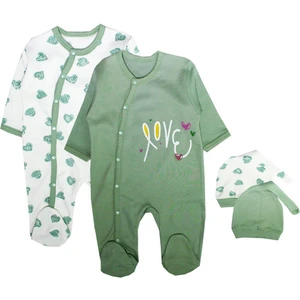 Love Baskılı Kalp Desenli Yeşil-Beyaz Bebek Tulum 56-62