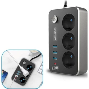 Isıya Dayanıklı Termal Akım Korumalı 2 mt 10A 2500W (3'lü Priz ve 3 Usb'li 2.1A) Uzatma Kablosu
