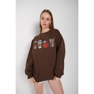 Kadın Oversize Coffee Baskılı Sweatshirt