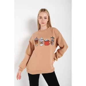 Kadın Oversize Coffee Baskılı Sweatshirt