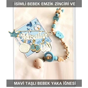 Sahi Aksesuar Isimli Bebek Emzik Zinciri ve Mavi Taşlı Bebek Yaka Iğnesi