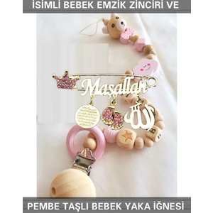 Sahi Aksesuar Isimli Bebek Emzik Zinciri ve Pembe Taşlı Bebek Yaka Iğnesi