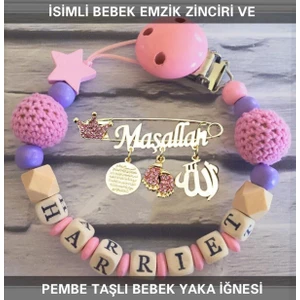 Sahi Aksesuar Isimli Bebek Emzik Zinciri ve Pembe Taşlı Bebek Yaka Iğnesi