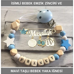 Sahi Aksesuar Isimli Bebek Emzik Zinciri ve Mavi Taşlı Bebek Yaka Iğnesi
