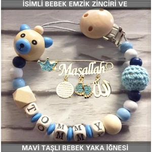 Sahi Aksesuar Isimli Bebek Emzik Zinciri ve Mavi Taşlı Bebek Yaka Iğnesi