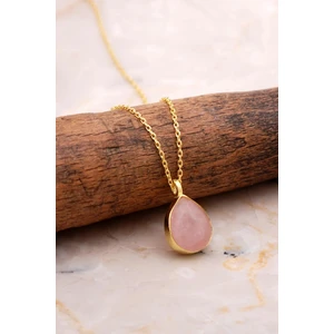 Sümer Telkari Doğal Pembe Kuvars Taşlı Damla Mini Altın Yaldızlı Gümüş Kolye 7750