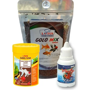 Japon Balığı Yem ve Berraklaştırıcı Seti, Lotus Gold Mix 250GR ve Goldy Gran 100ML 250GR + 100ML + 30CC