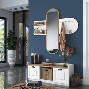 EE101 Aynalı Vestiyer Modern Portmanto Duvar Askısı Ayakkabılık Renk: Beyaz - Sepet Ceviz