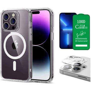 iPhone 13 Pro Max Uyumlu (13 Pro Max) Magsafe Şarj Destekli Darbe Dirençli Fit Hard Silikon Kılıf + Kamera Lens + Seramik Nano Ekran Koruyucu