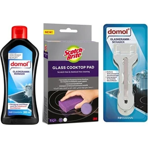 Cam Seramik Temizleyici 300 ml + Yüzey Temizleme Malası + Scotch Brite Cam Ocak Temizleme Süngeri