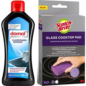 Scotch Brite Cam Ocak Temizlik Süngeri + Domol Cam Seramik Yüzey Temizleyici 300ML (Ocak Temizleme Seti)
