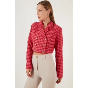 Kazayağı Desenli Düğmeli Slim Fit Crop Ceket Bayan Ceket 611C007