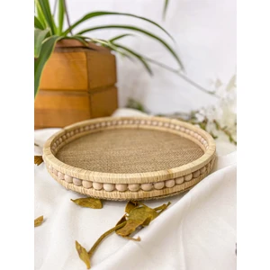 Ahşap Küçük Boncuklu 25 cm Hasır Doğal Rafya/jüt Tepsi, Dekoratif Tepsi, Banyo, Ev, Dekor Tepsi