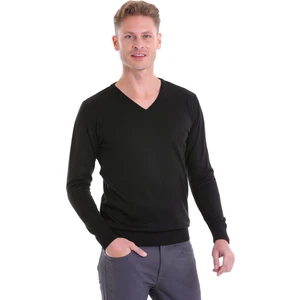 Siyah Regular Fit Yünlü Düz V Yaka Triko Kazak