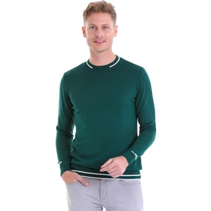 Petrol Regular Fit Çizgili Yün Bisiklet Yaka Triko Kazak