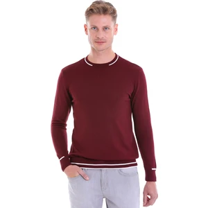 Bordo Regular Fit Çizgili Yün Bisiklet Yaka Triko Kazak