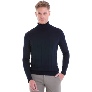 Lacivert Regular Fit Desenli Balıkçı Yaka Yün Triko Kazak