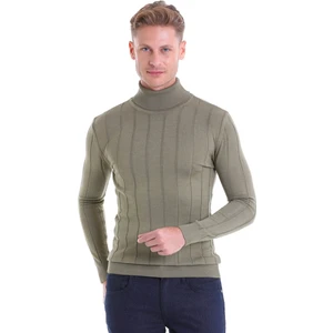 Yeşil Regular Fit Desenli Balıkçı Yaka Yün Triko Kazak