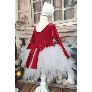 Shecco Babba Kız Çocuk Kırmızı Kadife Beyaz Tüllü Noel Elbise, Uzun Kollu Kırmızı Doğum Günü Elbisesi, Bandana