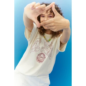 Kadın Loose Fit Rahat Kesim Pamuk Bisiklet Yaka Ekru Tişört