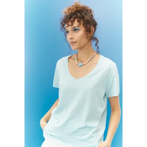 Regular Fit Normal Kesim V Yaka Bej Tişört