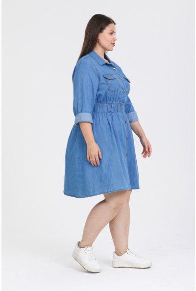 Gül Moda Büyük Beden Düğmeli Kot Elbise
