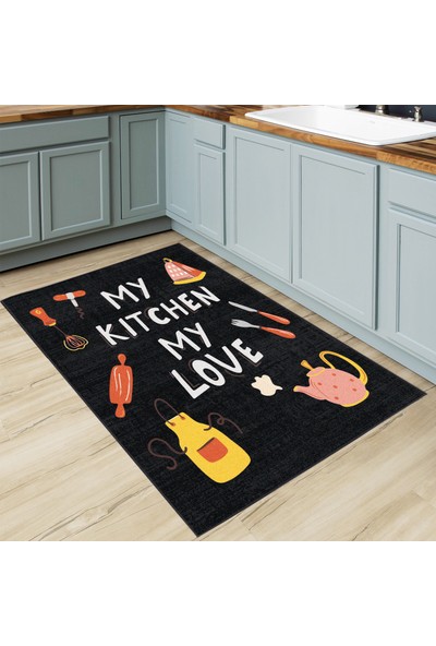 Galo Önlük Çaydanlık Mikser Desenli Kitchen Love Sloganlı Siyah Modern Dekoratif Mutfak Halısı KG2090
